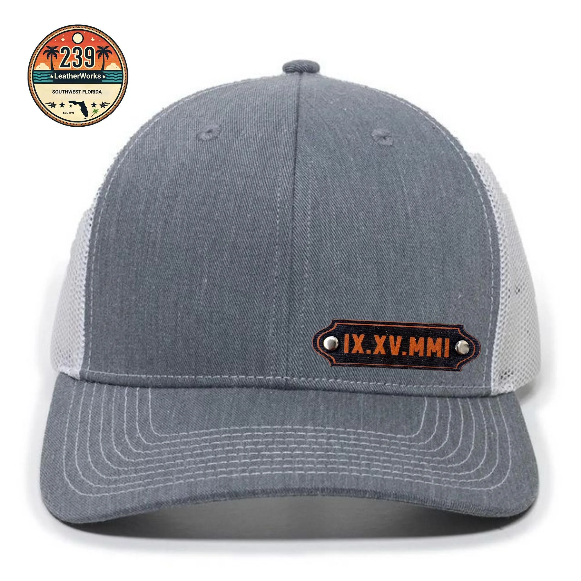 View 2 of Custom Roman Numeral Wedding Date Leather Patch Trucker Hat
