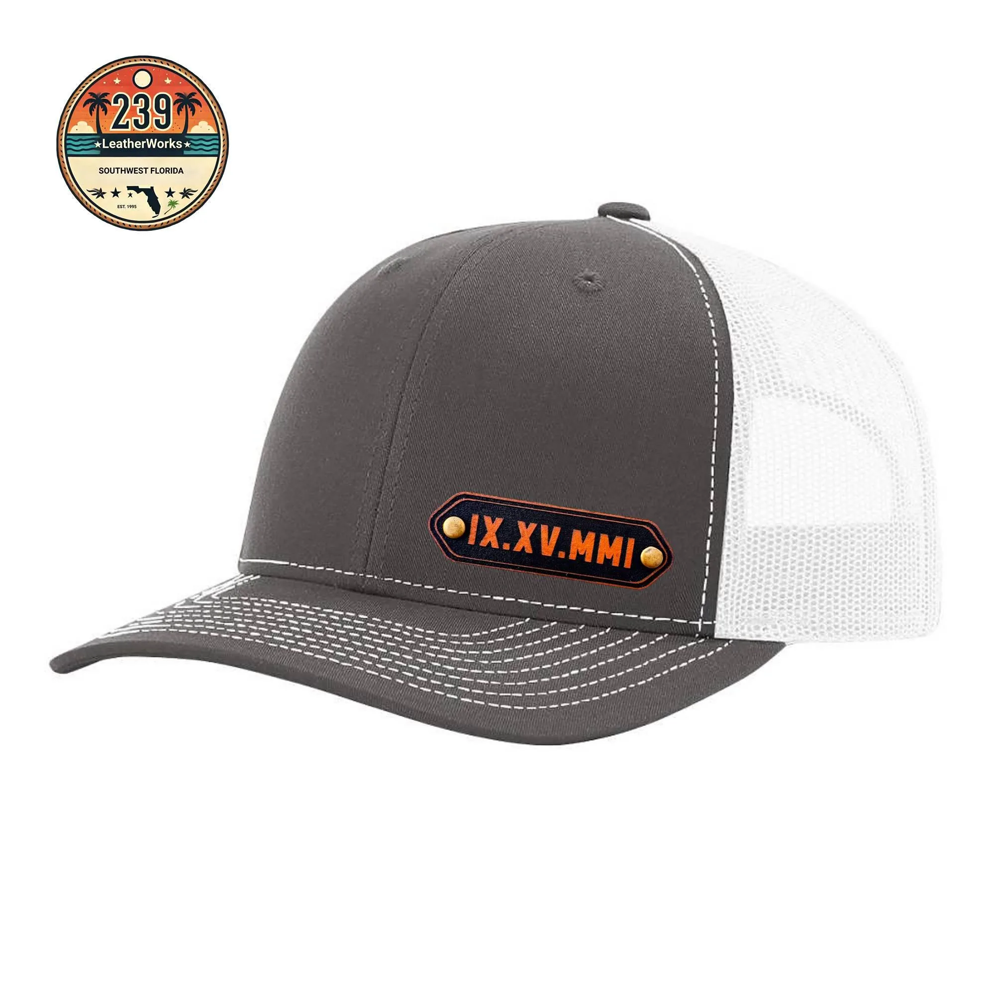 View 3 of Custom Roman Numeral Wedding Date Leather Patch Trucker Hat
