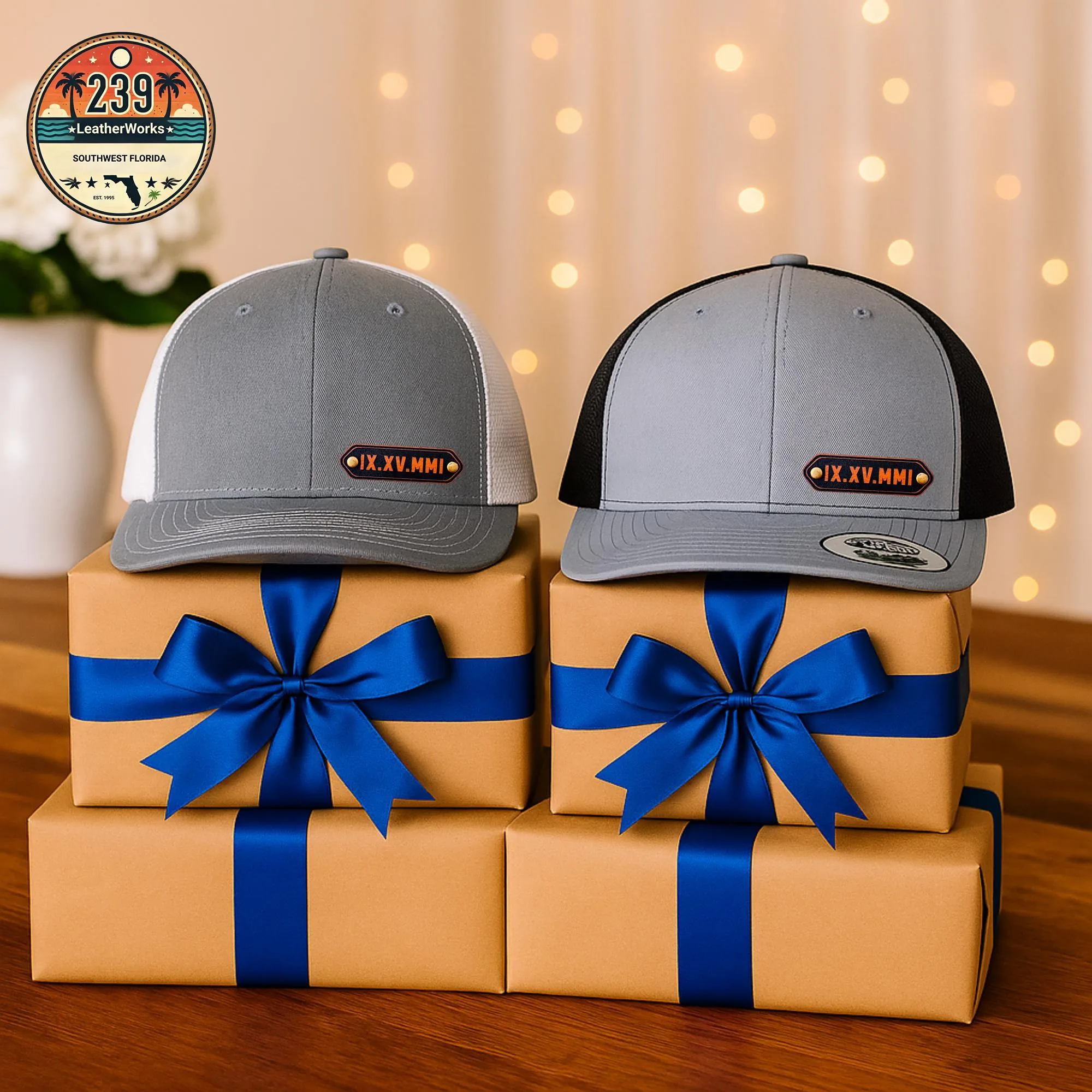 View 6 of Custom Roman Numeral Wedding Date Leather Patch Trucker Hat