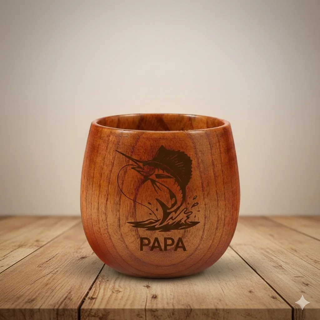 View 2 of Personalized Fishing Papa Wooden Whiskey Cup