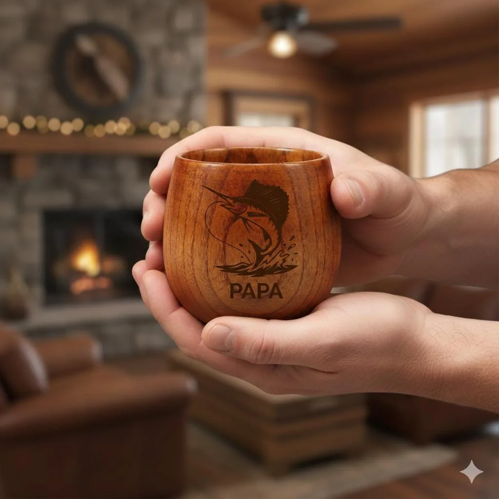View 6 of Personalized Fishing Papa Wooden Whiskey Cup